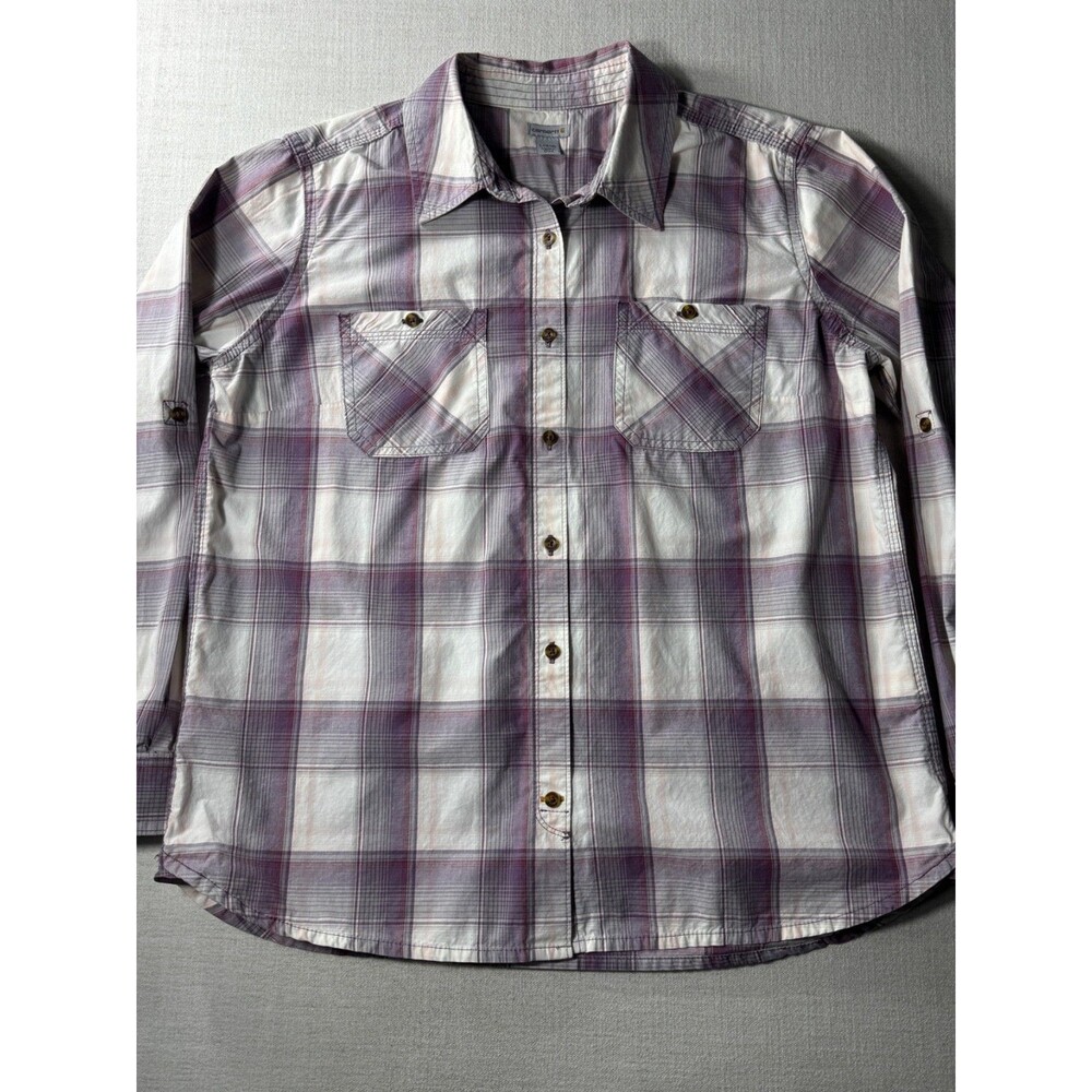 Carhartt Women's Huron Long Sleeve Shirt Plaid Button Down Pink White Large
